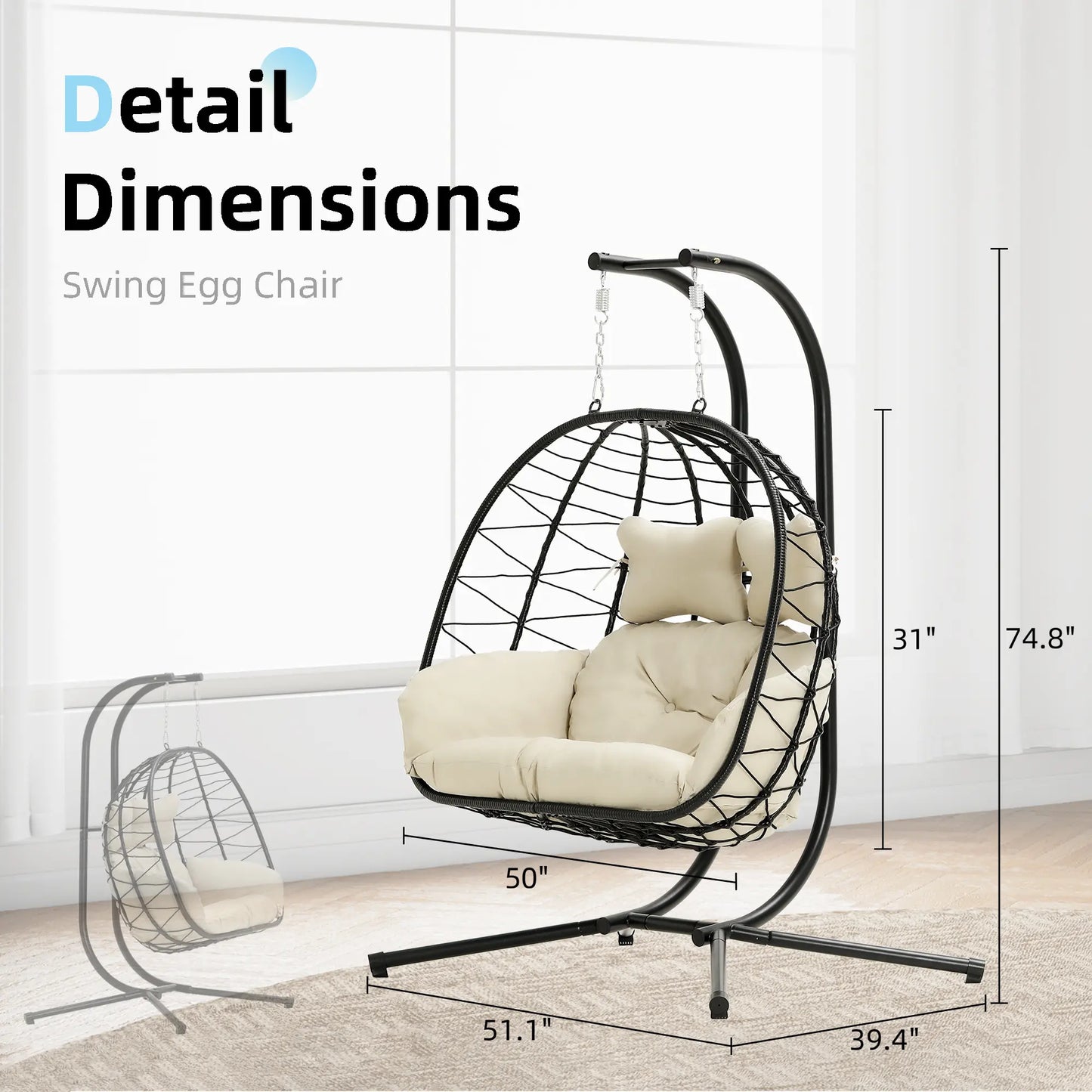 RIWENGO Double Hanging Chair with Cushions - Soft and Comfortable Swing Chair
